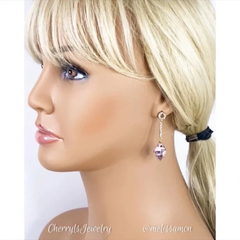 Pink Crystal Rhinestone Drop Earrings - Picture 4 of 4